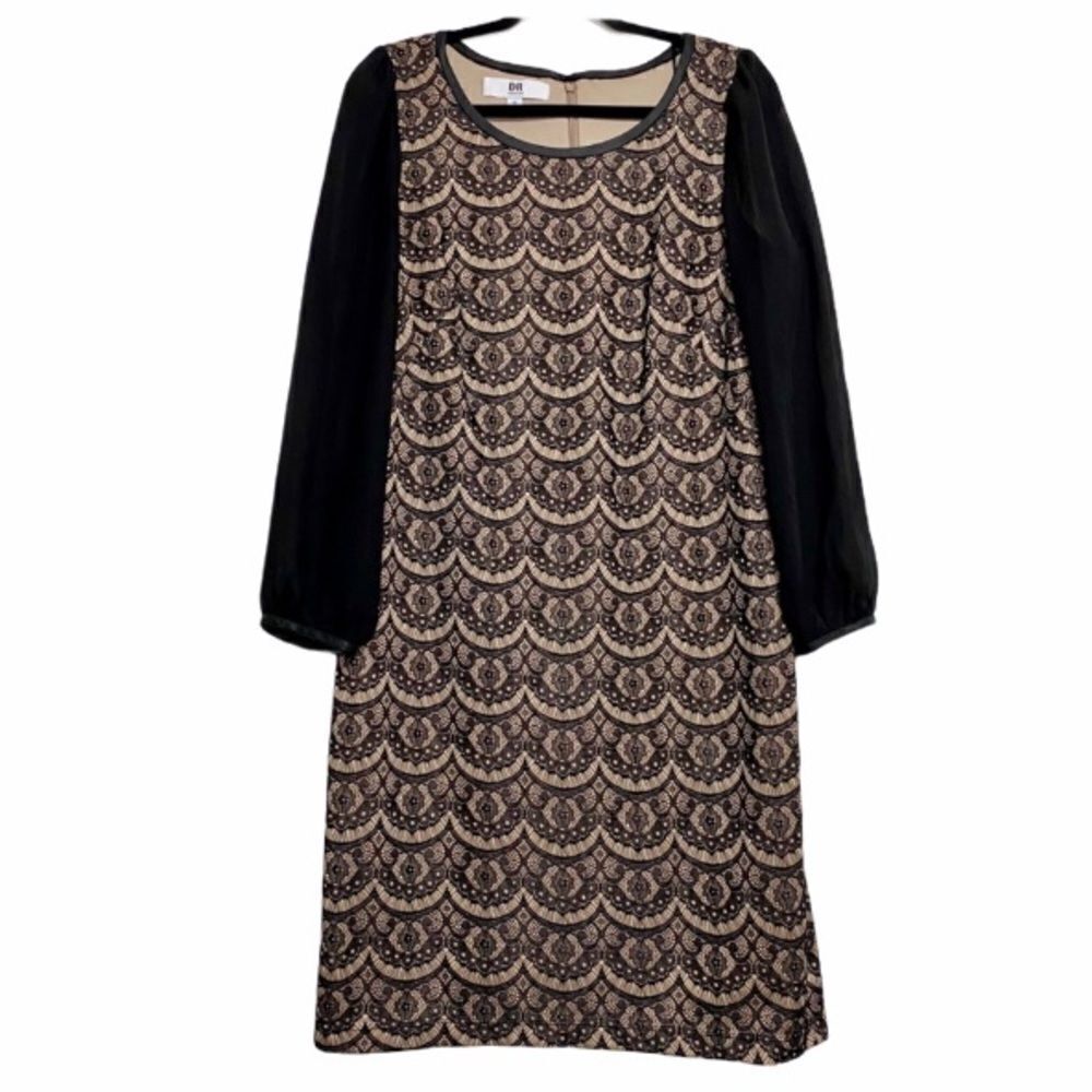 DR Collection Nude & Black Lace Long Sleeve Shift Dress Womens 12